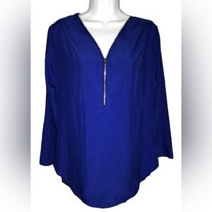 NWOT Royal Blue Zip Blouse Adjustable Sleeves Loose Fit Oversized Size Small